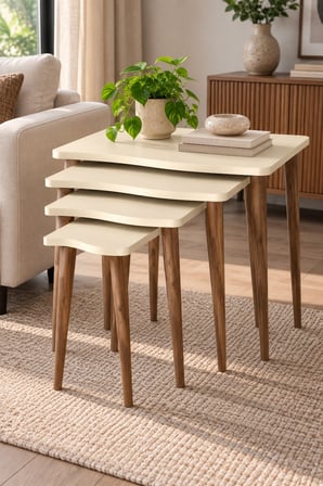 SuloraHome Torna Ahşap Ayaklı 4'lü Zigon Sehpa Takımı Krem Bej