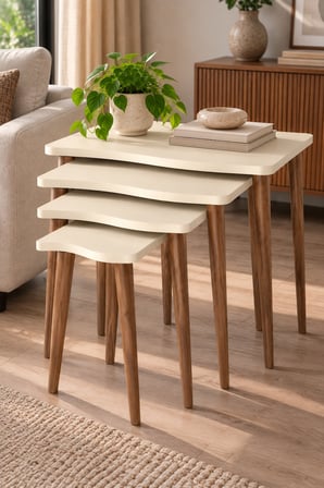 SuloraHome Torna Ahşap Ayaklı 4'lü Zigon Sehpa Takımı Krem Bej