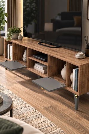 SuloraHome Kahverengi ve Antrasit Kapaklı TV Sehpası