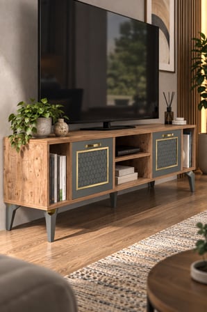 SuloraHome Kahverengi ve Antrasit Kapaklı TV Sehpası