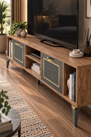 SuloraHome Kahverengi ve Antrasit Kapaklı TV Sehpası