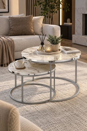 SuloraHome Gümüş Metal Ayaklı Mermer Desenli 2'li Orta Sehpa Seti