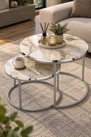 SuloraHome Gümüş Metal Ayaklı Mermer Desenli 2'li Orta Sehpa Seti