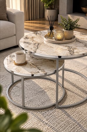 SuloraHome Gümüş Metal Ayaklı Mermer Desenli 2'li Orta Sehpa Seti