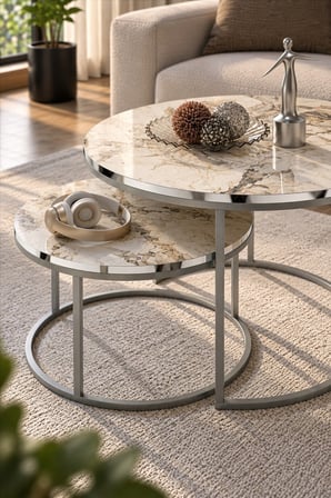 SuloraHome Gümüş Metal Ayaklı Mermer Desenli 2'li Orta Sehpa Seti