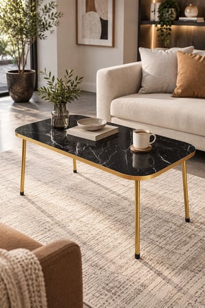 SuloraHome Gold Ayaklı Mermer Desenli Siyah Orta Sehpa 90x50 cm