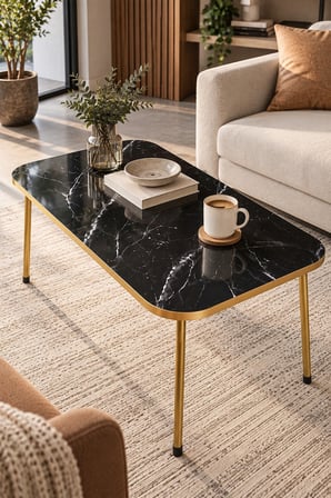 SuloraHome Gold Ayaklı Mermer Desenli Siyah Orta Sehpa 90x50 cm