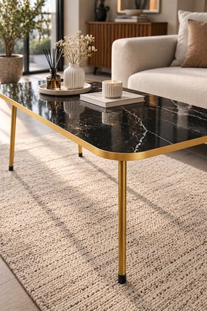 SuloraHome Gold Ayaklı Mermer Desenli Siyah Orta Sehpa 90x50 cm