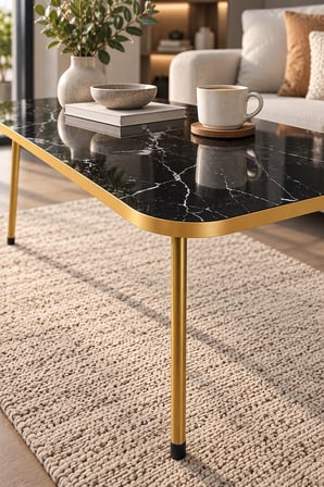 SuloraHome Gold Ayaklı Mermer Desenli Siyah Orta Sehpa 90x50 cm