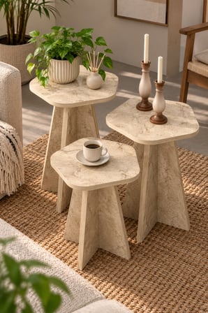 SuloraHome Çiçek Formlu Traverten Desenli 3'lü Zigon Sehpa Seti Bej