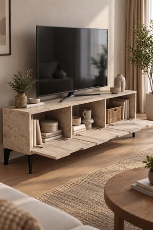 SuloraHome Ekru Traverten Desenli Suntalam TV Sehpası 160x35 cm
