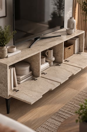 SuloraHome Ekru Traverten Desenli Suntalam TV Sehpası 160x35 cm
