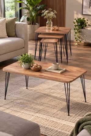 SuloraHome Ceviz Desenli Siyah Tel Ayaklı 4'lü Sehpa Seti