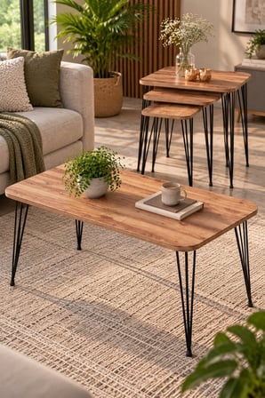 SuloraHome Ceviz Desenli Siyah Tel Ayaklı 4'lü Sehpa Seti