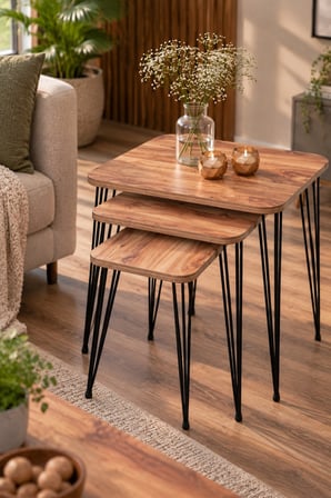 SuloraHome Ceviz Desenli Siyah Tel Ayaklı 4'lü Sehpa Seti