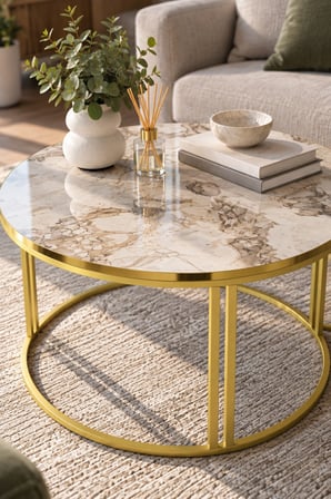 SuloraHome Efes Beyaz Mermer Desenli Yuvarlak Orta Sehpa 70 cm