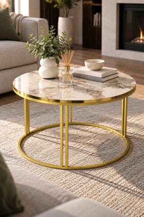 SuloraHome Efes Beyaz Mermer Desenli Yuvarlak Orta Sehpa 70 cm