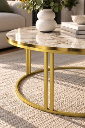 SuloraHome Efes Beyaz Mermer Desenli Yuvarlak Orta Sehpa 70 cm