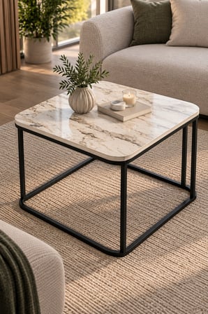SuloraHome Damla Kare Orta Sehpa Ekru Desenli Metal Ayaklı