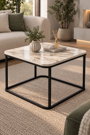 SuloraHome Damla Kare Orta Sehpa Ekru Desenli Metal Ayaklı