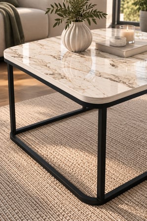 SuloraHome Damla Kare Orta Sehpa Ekru Desenli Metal Ayaklı