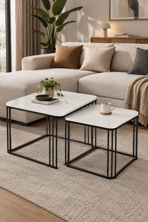 SuloraHome Beyaz Renkli Metal Ayaklı İkili Orta Sehpa Seti