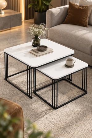 SuloraHome Beyaz Renkli Metal Ayaklı İkili Orta Sehpa Seti