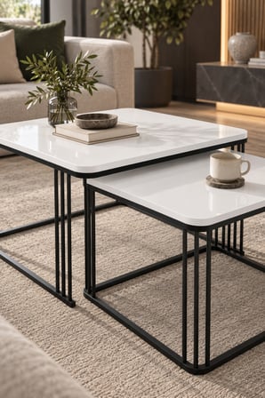 SuloraHome Beyaz Renkli Metal Ayaklı İkili Orta Sehpa Seti