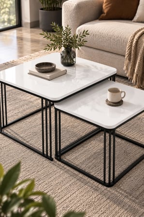 SuloraHome Beyaz Renkli Metal Ayaklı İkili Orta Sehpa Seti