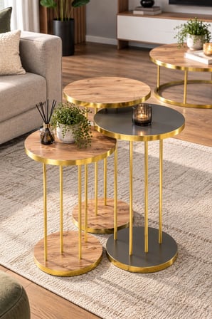 SuloraHome Antrasit Ceviz Desenli Gold Ayaklı 4'lü Yuvarlak Sehpa Seti