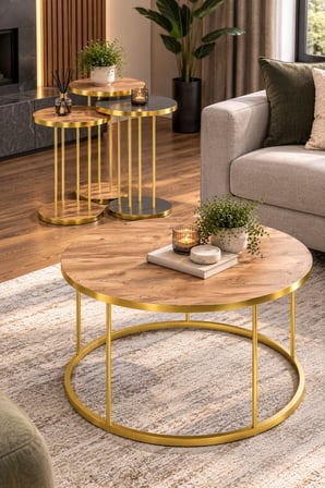 SuloraHome Antrasit Ceviz Desenli Gold Ayaklı 4'lü Yuvarlak Sehpa Seti