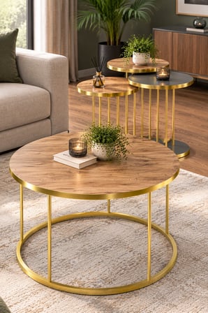 SuloraHome Antrasit Ceviz Desenli Gold Ayaklı 4'lü Yuvarlak Sehpa Seti