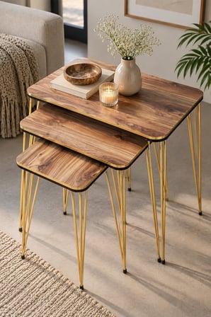 SuloraHome Ceviz Desenli Gold Metal Ayaklı Zigon Sehpa Seti