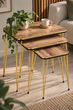SuloraHome Ceviz Desenli Gold Metal Ayaklı Zigon Sehpa Seti