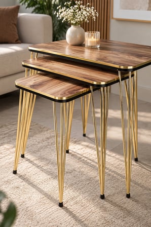 SuloraHome Ceviz Desenli Gold Metal Ayaklı Zigon Sehpa Seti