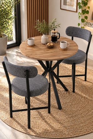 SuloraHome Masa ve 2 Adet Keten Sandalye Seti 70 cm
