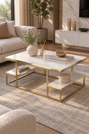 SuloraHome Gold Beyaz Orta Sehpa 90x60 cm Dikdörtgen Salon Sehpası