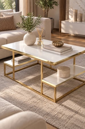 SuloraHome Gold Beyaz Orta Sehpa 90x60 cm Dikdörtgen Salon Sehpası