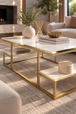SuloraHome Gold Beyaz Orta Sehpa 90x60 cm Dikdörtgen Salon Sehpası