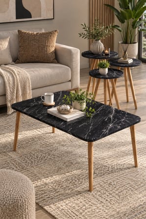 SuloraHome Siyah Tablalı ve Ahşap Torna Ayaklı 4'lü Sehpa Seti