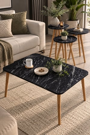 SuloraHome Siyah Tablalı ve Ahşap Torna Ayaklı 4'lü Sehpa Seti