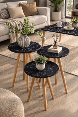 SuloraHome Siyah Tablalı ve Ahşap Torna Ayaklı 4'lü Sehpa Seti