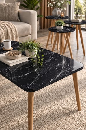 SuloraHome Siyah Tablalı ve Ahşap Torna Ayaklı 4'lü Sehpa Seti