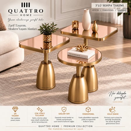 Quattro Home Rose Ayna Gold Metal Ayaklı 3'lü Dekoratif Sehpa Takımı – Modern Orta  Seti
