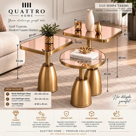 Quattro Home Rose Ayna Gold Metal Ayaklı 3'lü Dekoratif Sehpa Takımı – Modern Orta  Seti