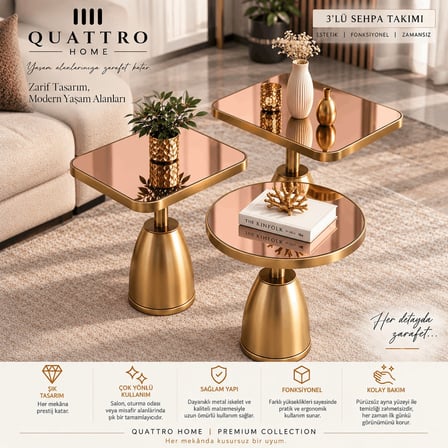 Quattro Home Rose Ayna Gold Metal Ayaklı 3'lü Dekoratif Sehpa Takımı – Modern Orta  Seti