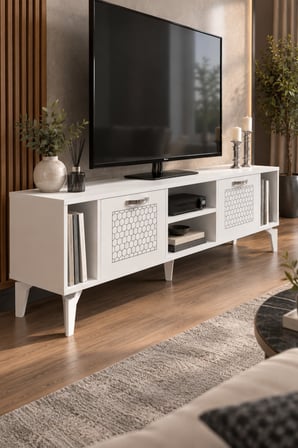 SuloraHome Gümüş Çizgili Beyaz TV Sehpası 160 cm