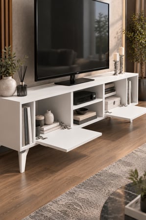 SuloraHome Gümüş Çizgili Beyaz TV Sehpası 160 cm