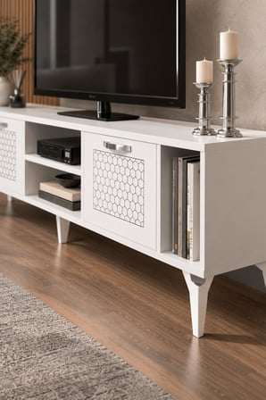 SuloraHome Gümüş Çizgili Beyaz TV Sehpası 160 cm