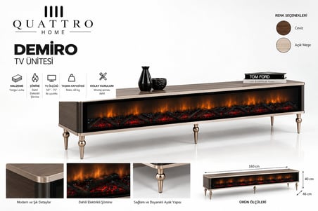 Demiro Elektrikli Şömineli TV Ünitesi 160 cm Açık Meşe Metal Ayaklı Modern TV Sehpası